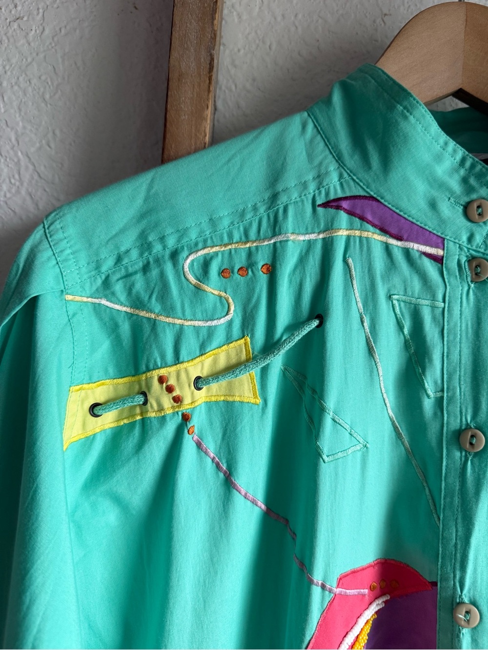 Marc D'Alcy Paris Mint Green Art-to-Wear Embellished Blouse Vintage ‘80’s Sz: 8 - Picture 4 of 10
